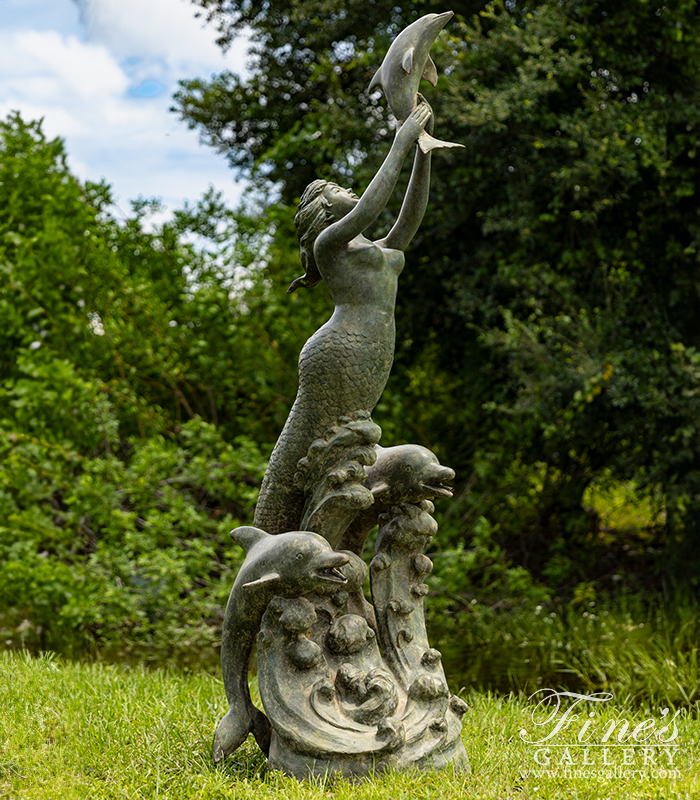 Bronze Fountains  - Mermaid And Dolphins Fountain In Patina Bronze - BF-932